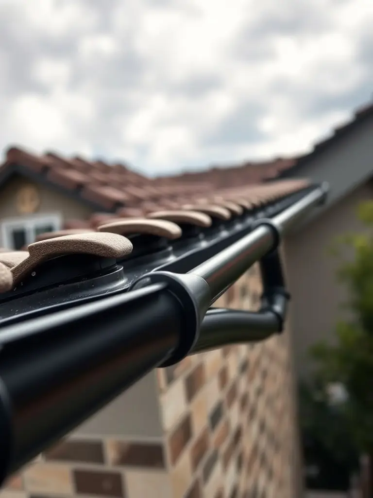 A close-up shot of a newly installed seamless gutter system on a home, highlighting the clean lines and effective drainage. The image should convey reliability and protection.