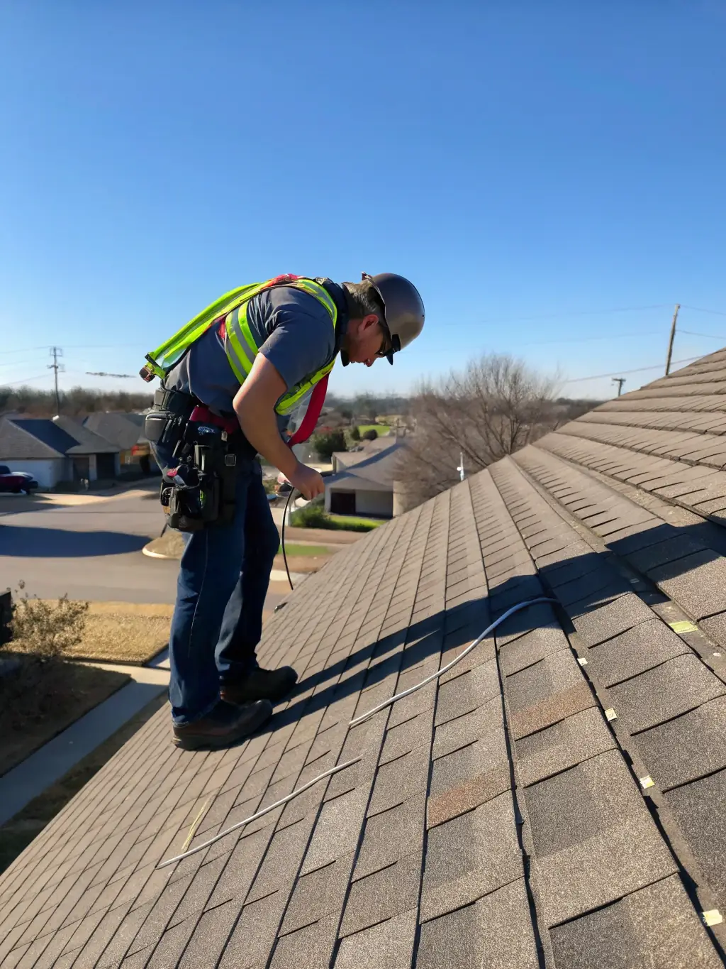 A professional roofer conducting a thorough roof inspection, using specialized tools to assess the condition of the roof. The image should convey expertise and preventative care.